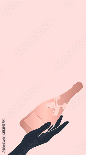 Hand holding pink champagne bottle against soft pink background with ample copy space for text