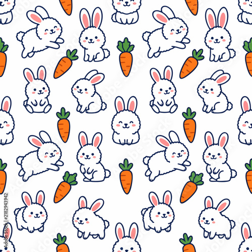 Kawaii White Bunny and Carrot Seamless Pattern for Kids Nursery Fabric, Easter Gift Wrap, and Scrapbooking Vector Background