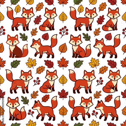 Seamless Autumn Fox Pattern with Cute Red Foxes and Fall Leaves for Textile Design, Gift Wrap, and Nursery Decor