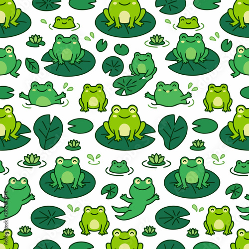 Frog seamless pattern with cute green toads sitting on lily pads and lotus leaves in a pond, cartoon pond life background for kids