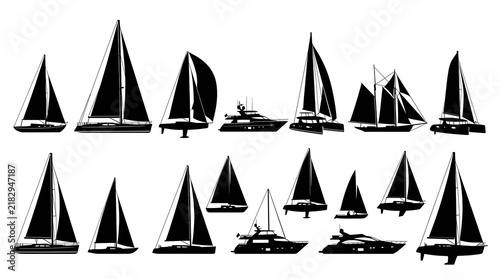 Collection of Black Silhouettes of Sailboats Yachts and Catamarans on White Background