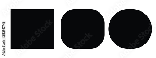 Set of three black geometric shapes including a square, a rounded square, and a circle