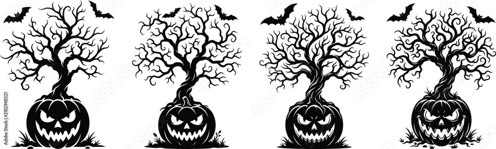 Fototapeta premium Halloween Tree - Spooky Halloween Pumpkin with Dead Tree and Flying Bats Black Silhouette Vector