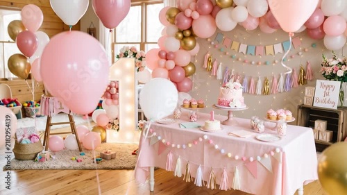 Pink first birthday party setup with balloon arch, illuminated number one, birthday cake, cupcakes, candy jars and pastel decorations in a cozy home interior.