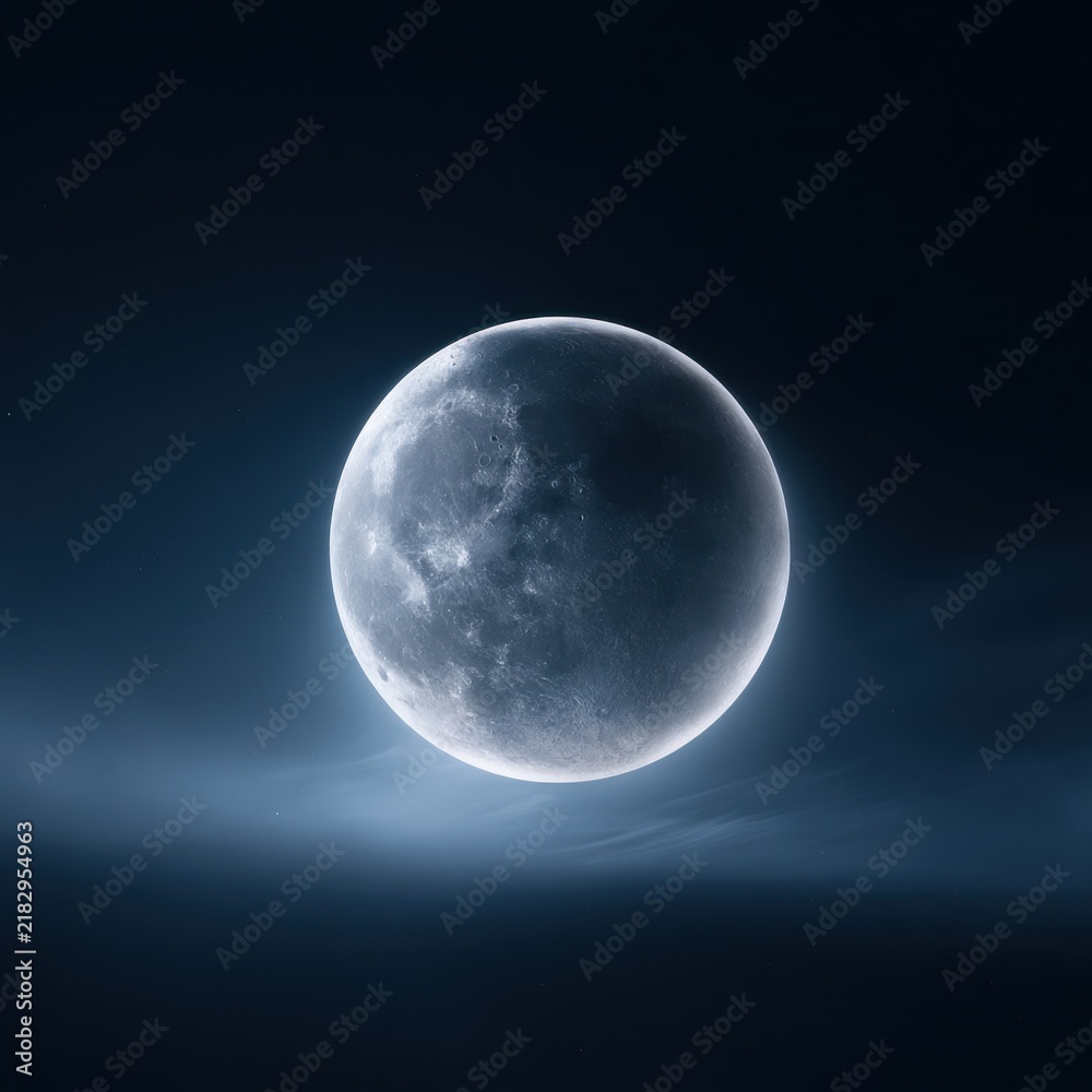 Obraz premium Detailed image of a glowing full moon surrounded by a soft misty haze in a dark, starry night sky providing a serene celestial atmosphere