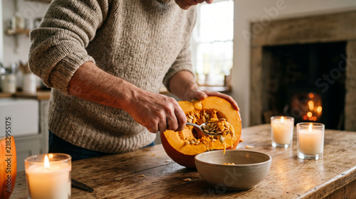 Man scooping seeds from fresh pumpkin to prepare homemade recipe