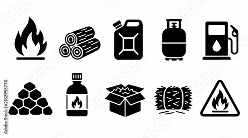 Fuel energy sources and heating material icon set.