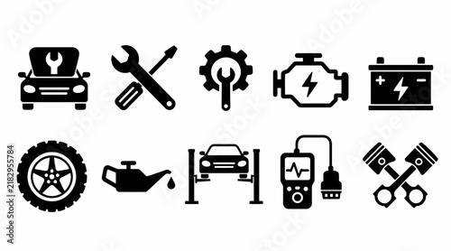 Mechanic tools and auto repair black icon set