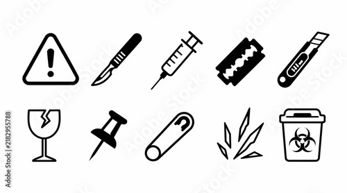 Medical sharp tools and biohazard waste icons.