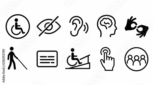 Minimalist accessibility and disability icon set on white background