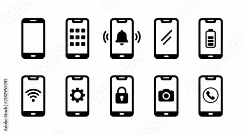 Mobile phone features and application line icons.