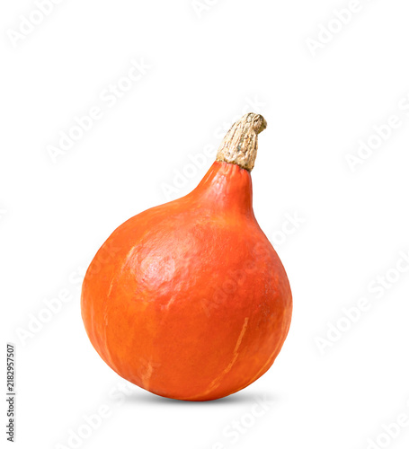 Round orange gourd with natural texture isolated on white background. Studio lighting enhances warm tones and organic appearance. Great for autumn, harvest, Thanksgiving, Halloween and healthy food