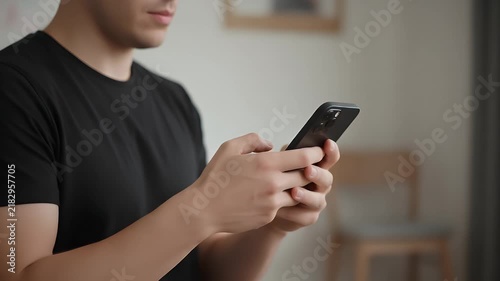 Man wearing a black t-shirt using a modern black smartphone while checking notifications or browsing the internet inside a bright and minimalist home office environment