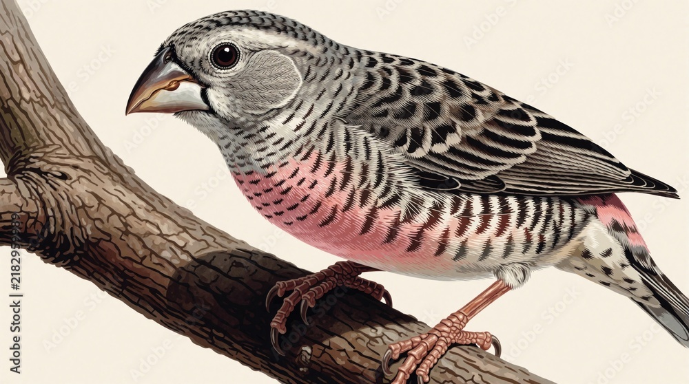 Obraz premium Darwin finch sits on tree branch. Galapagos bird uses cactus spine tool for feeding. Illustration shows evolution, biological adaptation in nature. Small bird eats food with clever behavior in wild
