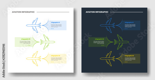 aviation infographic template with three point parallel diagonal flight outline diagram, white and dark version, flat style