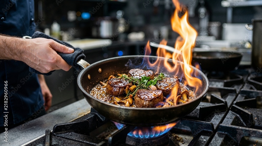 Obraz premium Chef flambeing beef medallions with mushrooms in a frying pan. Dramatic orange flame rising from a pan on a gas stove in a restaurant kitchen