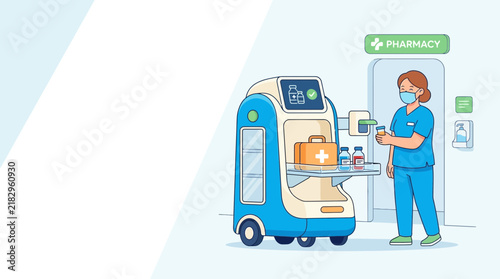 Nurse with medical robot and pharmacy supplies, future healthcare concept