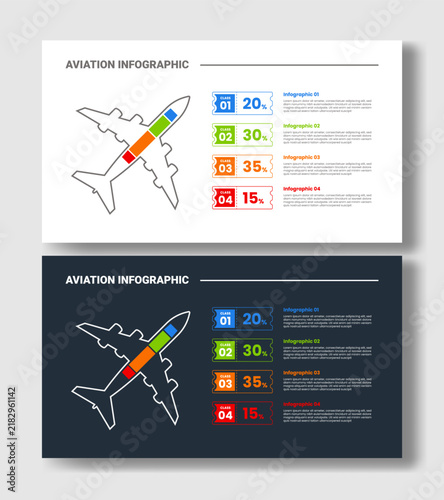 aviation infographic template with segmented four point class badge outline diagram, white and dark version, flat style