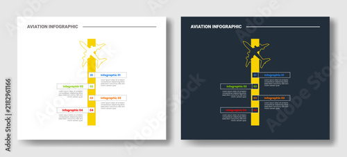 aviation infographic template with vertical stripe four point bracket outline diagram, white and dark version, flat style
