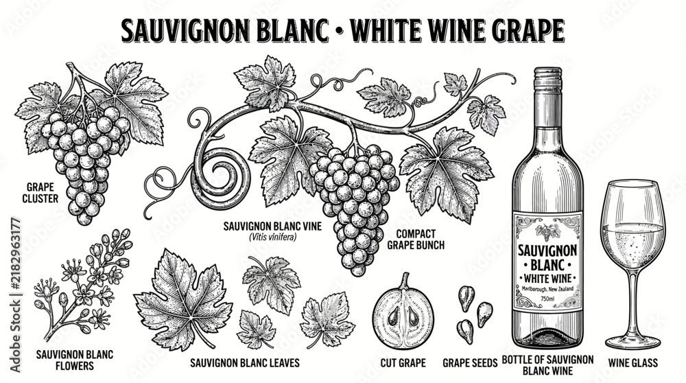 Obraz premium Very beautiful black and white realistic vector set of SAUVIGNON BLANC featuring separate vine, compact grape bunch, leaves, flowers, cut grape, seeds, wine bottle, wine glass, engraved natural-histor