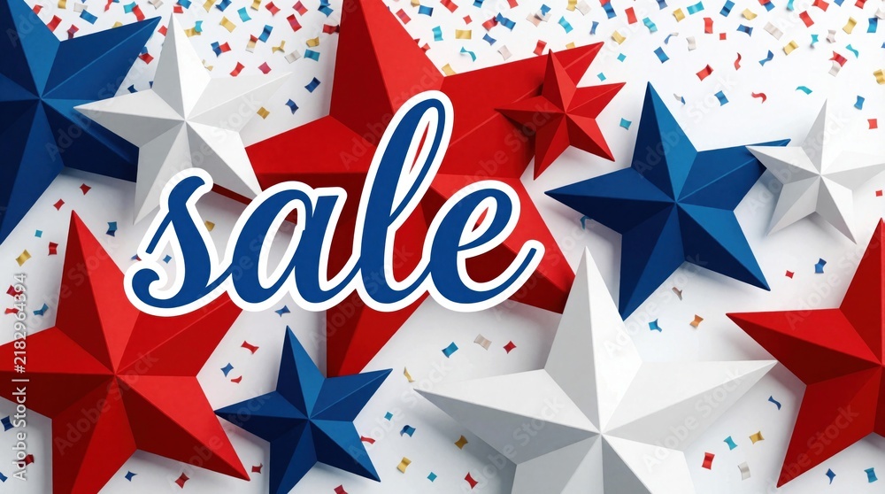 Obraz premium Red white blue stars and confetti celebrate sale event. Bold text announces discount for holiday shopping. Patriotic theme graphic for retail promotion.