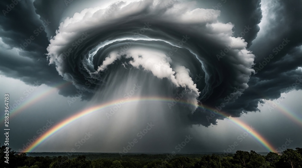Obraz premium Dramatic storm clouds form huge spiral shape in dark sky. Heavy rain falls from massive formation over forest landscape. Bright double rainbow cuts through gray tempest clouds during extreme weather