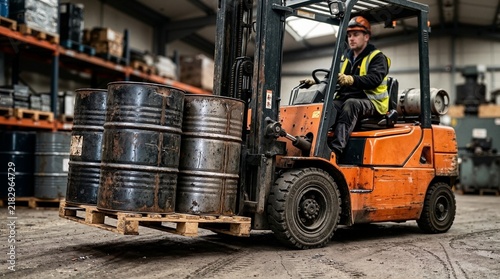 Forklift moving rusty metal barrels on a wooden pallet. Industrial warehouse worker operating machinery. Logistics and cargo transport concept