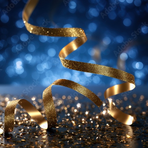 Elegant golden curled ribbon sparkling over blue festive bokeh background with scattered glitter for celebration or party decoration concept