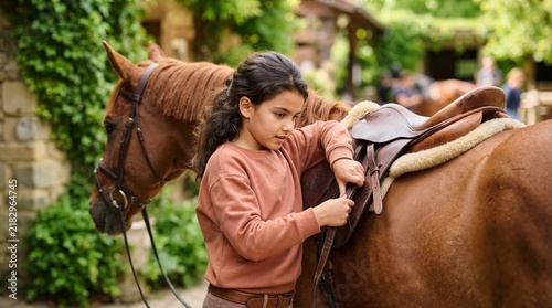 Young girl adjusting a leather saddle on a brown horse. Equestrian training and horse care. Outdoor activity at a rustic ranch