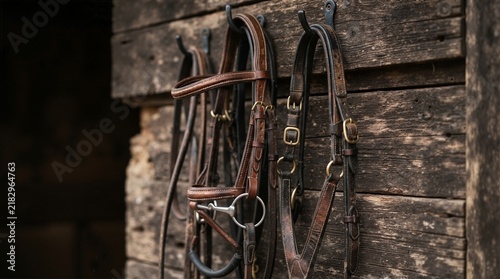Leather horse bridles hanging on a rustic barn wall. Equestrian riding tack on weathered wood