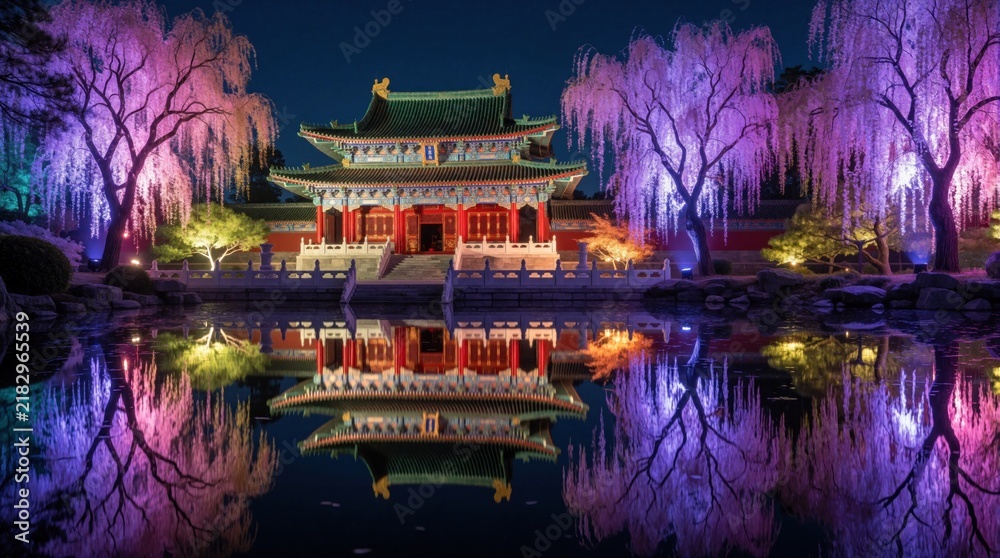Obraz premium Colorful Asian temple with green roof stands by calm water at night. Vibrant purple willow trees reflect in dark pond. Traditional pagoda architecture glows under night sky. Beautiful oriental