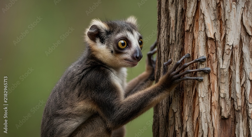 Obraz premium Close up of a wild lemur clinging to a tree trunk in a natural forest habitat