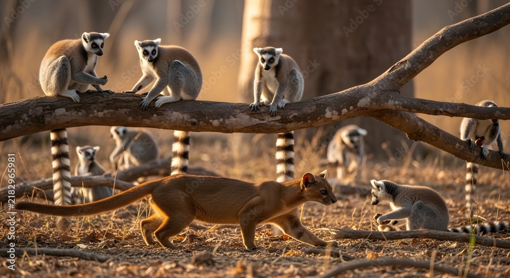 Obraz premium Ring-tailed lemurs and a fossa predator in the wild Madagascar forest habitat