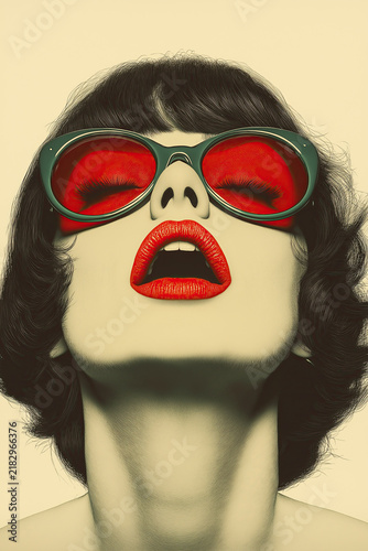 people of ai, illustrated woman with red sunglasses and lipstick, looking up, open mouth, closed eyes, vintage, pop art, illustrated