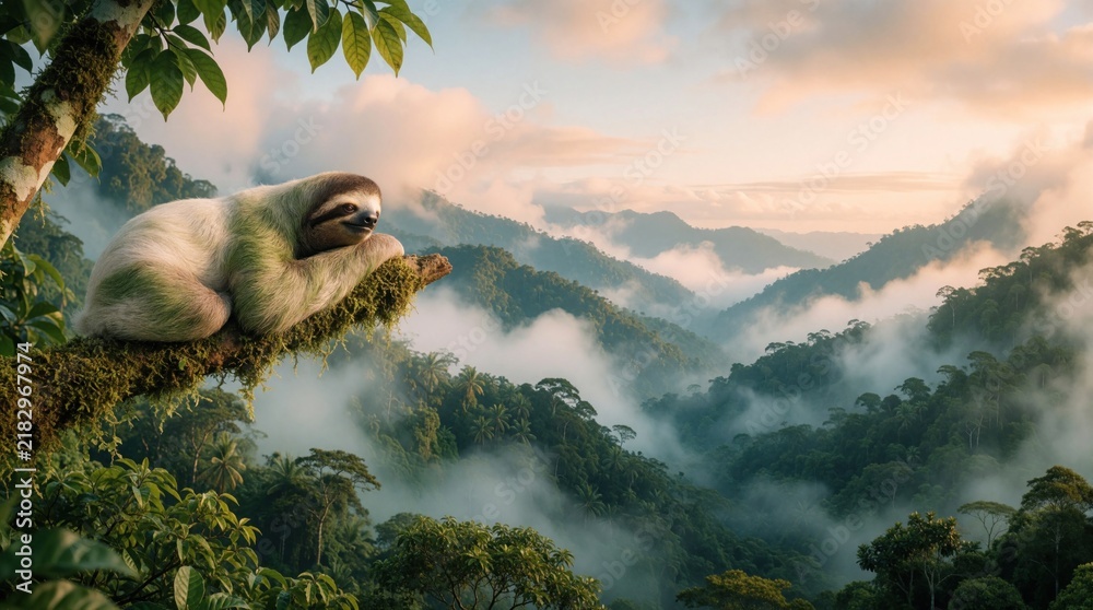 Obraz premium Sloth rests on mossy tree branch amid misty rainforest mountains. Peaceful tropical scene, clouds drift over green valleys where wild animal lives.