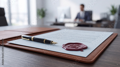 Signed business contract with fountain pen and wax seal on desk in modern office, with blurred executive in background for agreement concept