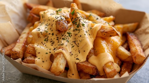 Loaded french fries with melted cheese and mayo served in a paper container at a food stand Generative AI