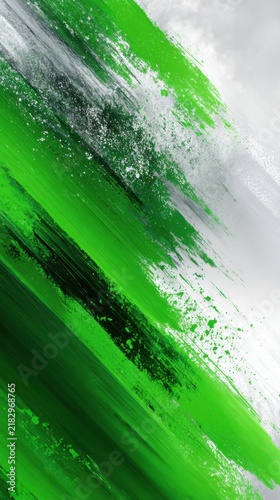 Dynamic abstract painting with vibrant green and gray brushstrokes creating energetic movement and textured layering on a white background for modern design