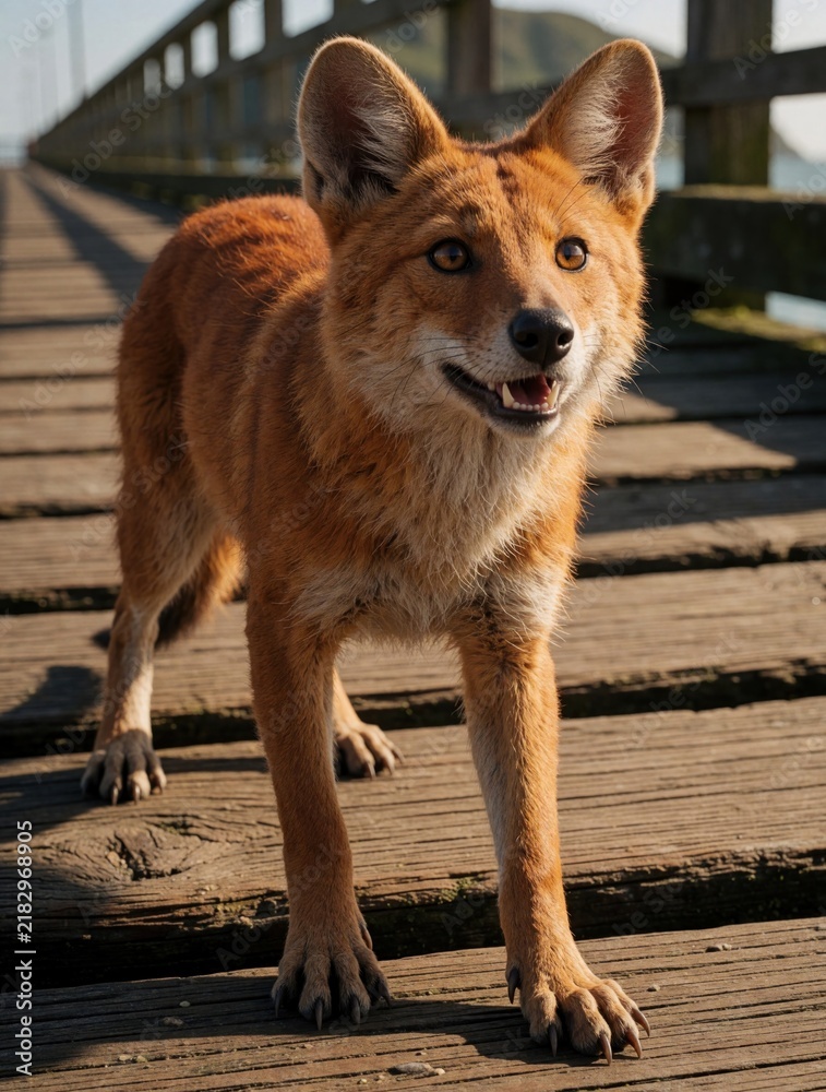 Fototapeta premium Orange canine animal walks on wooden pier near water. This unique wild creature has pointed ears and sharp teeth. It looks curious and alert outdoors.