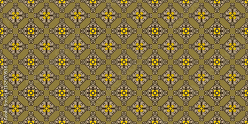 Floral Damask Diamond Ornament With Yellow Flower And Olive Color Design