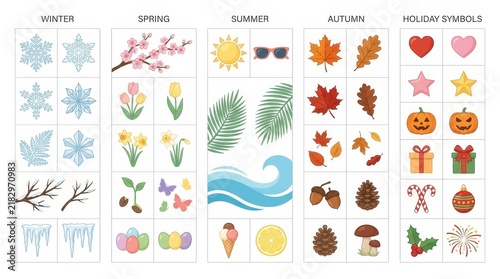 Seasons Come Alive With Colorful Symbols of Winter, Spring, Summer, and Autumn