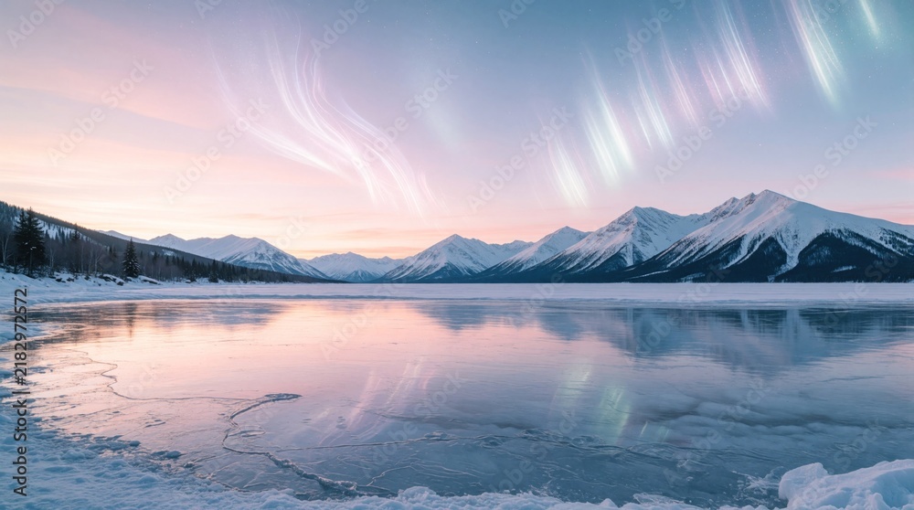 Obraz premium Pink pastel dawn sky over snow capped mountains and frozen lake. Aurora borealis light streaks dance above icy water reflecting pastel sky. Cold winter nature scene.