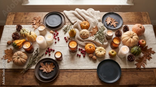 Autumn Thanksgiving table setting with pumpkins, candles, and rustic fall decor centerpiece.