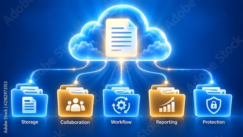Naklejka Cloud computing document workflow connecting storage collaboration reporting and protection folders over blue background