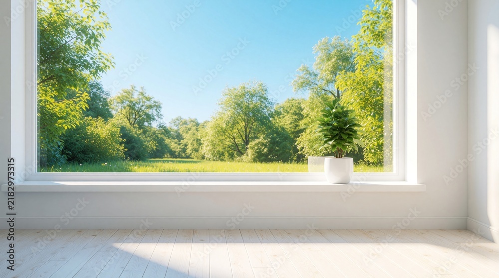 Obraz premium Empty white room with wooden floor, big window. Sunny summer landscape with green trees, blue sky visible through glass. Small green plant in white pot sits on windowsill. Bright minimalist