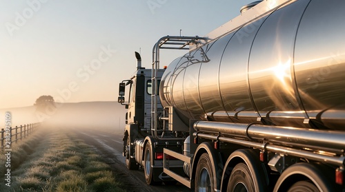 Fuel tanker truck driving on a rural road during a foggy sunrise morning