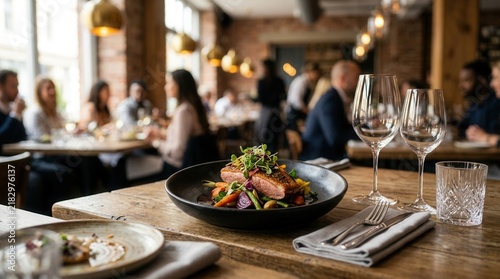 A gourmet meal and empty wine glasses set on a restaurant table in a sophisticated and inviting dining atmosphere