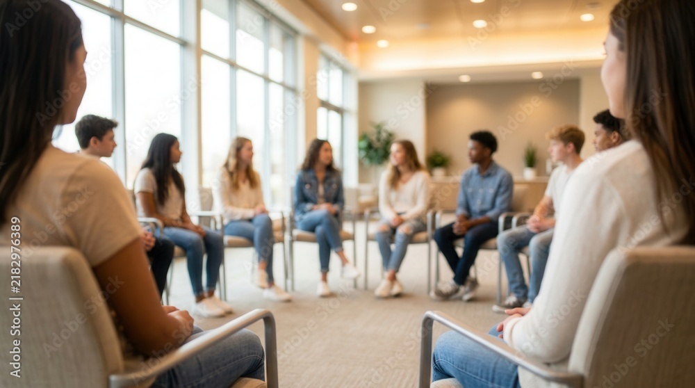 Fototapeta premium Teens in a group counseling circle with chairs centered and blurred soft decor capturing emotional engagement and open floor space.