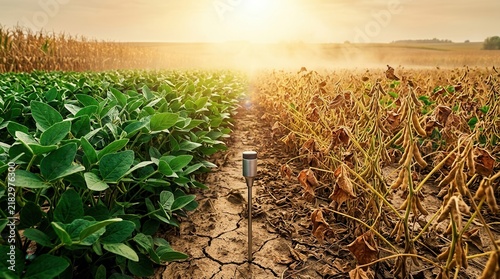 Split agricultural field with lush green soybean rows and heat-stressed bean plants with shriveled pods