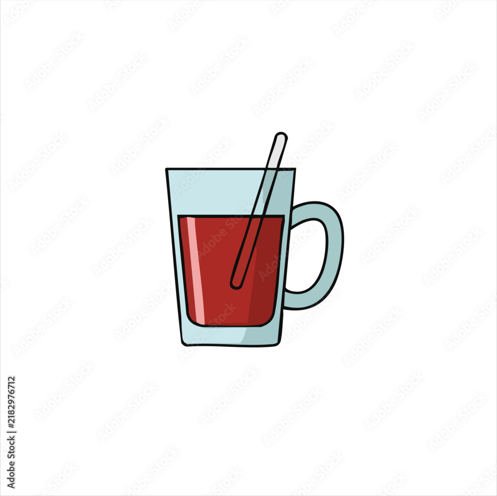 Obraz premium Vector drawing of a glass mug filled with red beverage and a stirring stick inside.